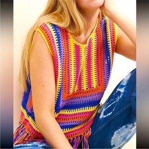 Free People Happy‎ Sheep Happy days colorful crocheted fringe tank size small